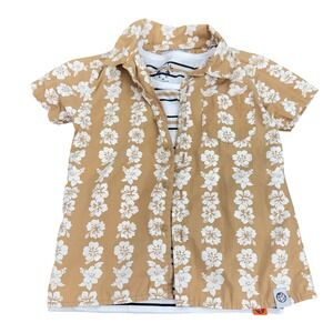 Free Planet Kids Tan Hibiscus Button Down Shirt & Striped Tee Set 4T beach